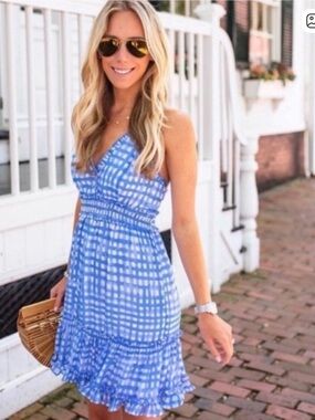 💙💕Lilly Pulitzer Blue & White Checkered Cailee Halter Feeling Beachy Dress M💙